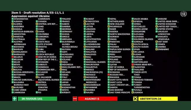 La résolution de l'Assemblée Général des Nations-Unis, condamnant la guerre en Ukraine, voté à 141 voix favorable 